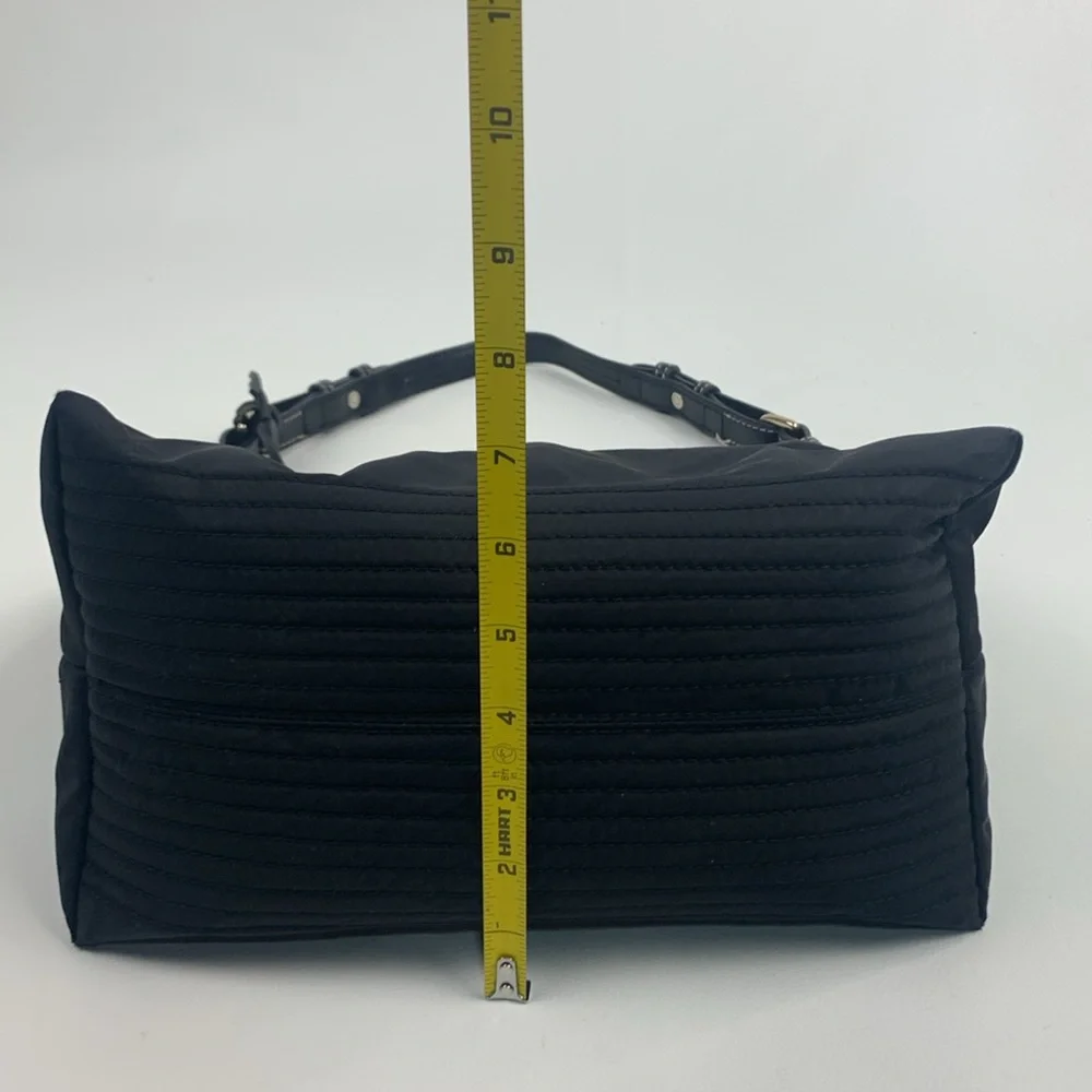 Dooney & Bourke Black leather Nylon Shoulder Bag Gold charm Pink lined Serial #